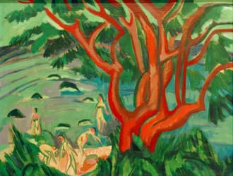 Árbol rojo en la playa